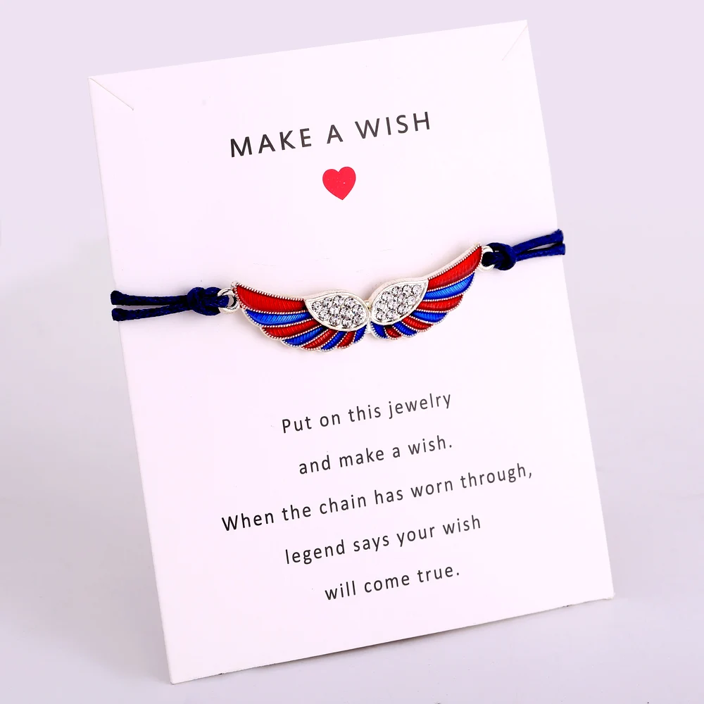 

Make a Wish Friendship Jewelry Antique Silver Feather Rhinestone Angel Wings Bracelets With Card for Women Men, Multi-colors/accept custom colors