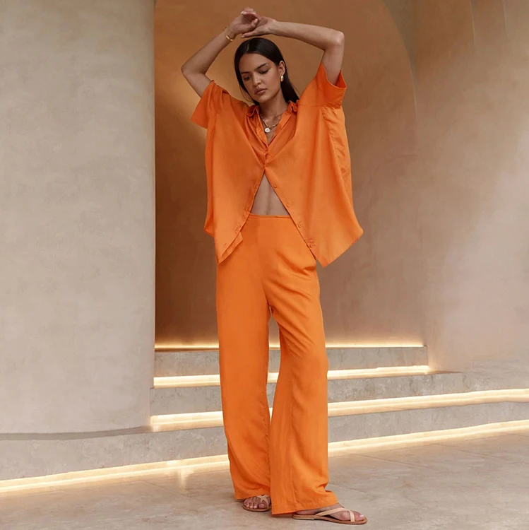 

Casual Vacation Orange Loose Linen Cotton Short Sleeve Shirts Matching Sets 2piece Women Outfit Two Piece Pants Set