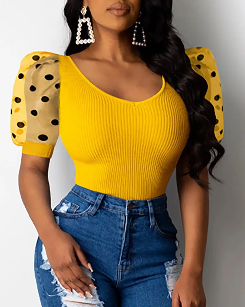 

Summer Sexy Elastic Patchwork Polka Dot African Women Casual Blouse