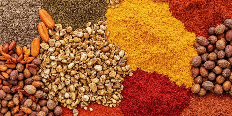 A vibrant display of North African spices including ras el hanout, cumin, cinnamon, and paprika.