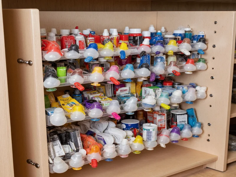 Organized craft paint storage with jars stored upside down in rack