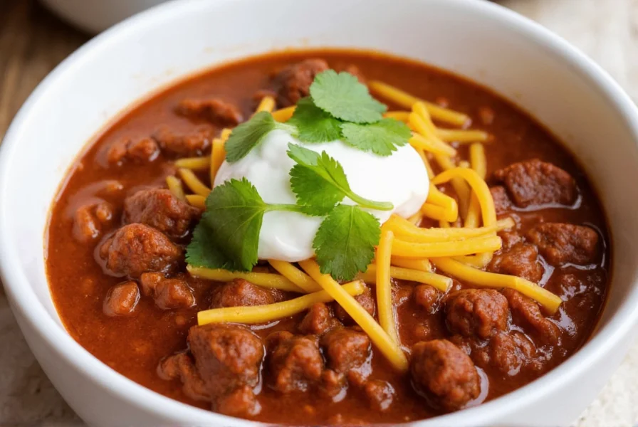 Finished bowl of traditional beef chili recipe topped with cheese, sour cream, and fresh cilantro
