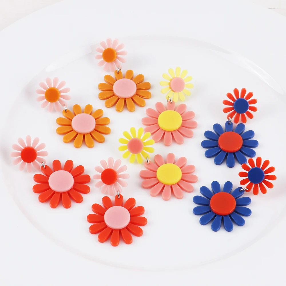 Korean Small Daisies Handmade Earrings Multi-colored Cute Flower Pendant Earrings Acrylic Trendy Women's Drop Earrings 1 Pair FS