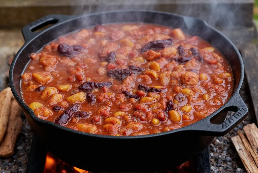 Cast iron pot simmering traditional Texas chili over open fire with dried chilies and beef chunks