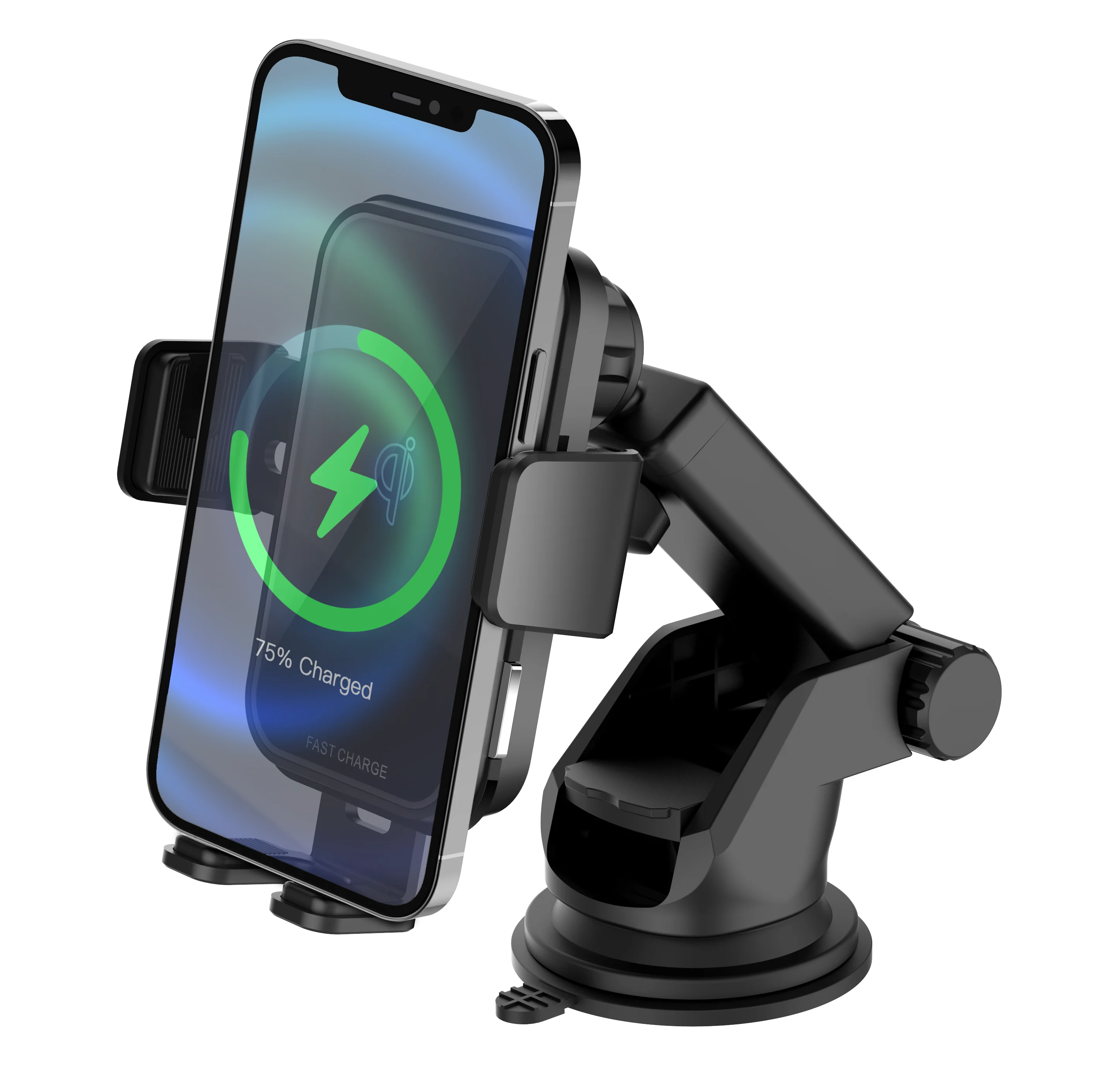 

15W Fast Charge Auto Clamping Wireless Car Charger Phone Holder, Black