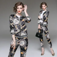 

In stock 2020 fall new style fashion vintage printing jacket coat with long pants casual black two piece set women clothing