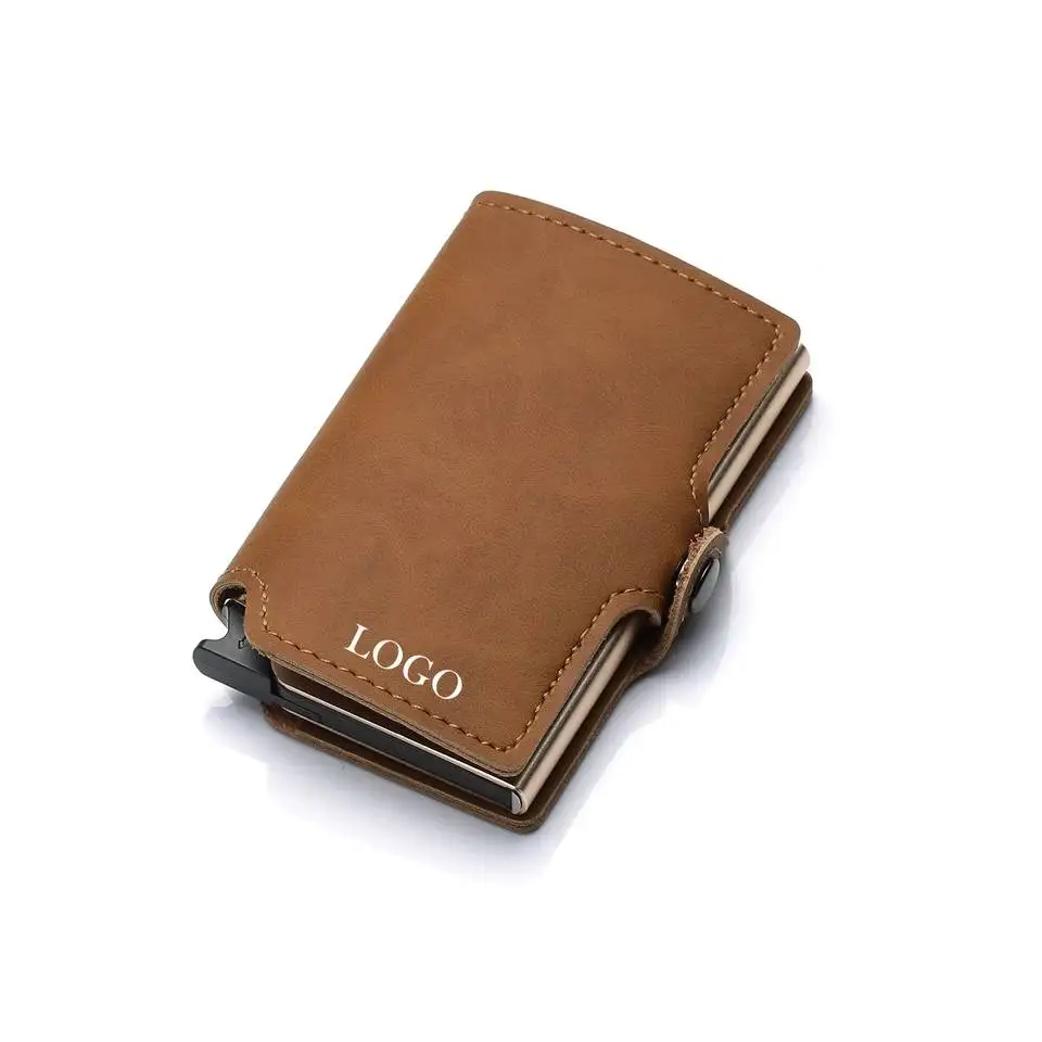 

Custom LOGO mens wallet anti-theft RFID credit card holder leather wallet men mini Aluminum metal Card Holder wallet