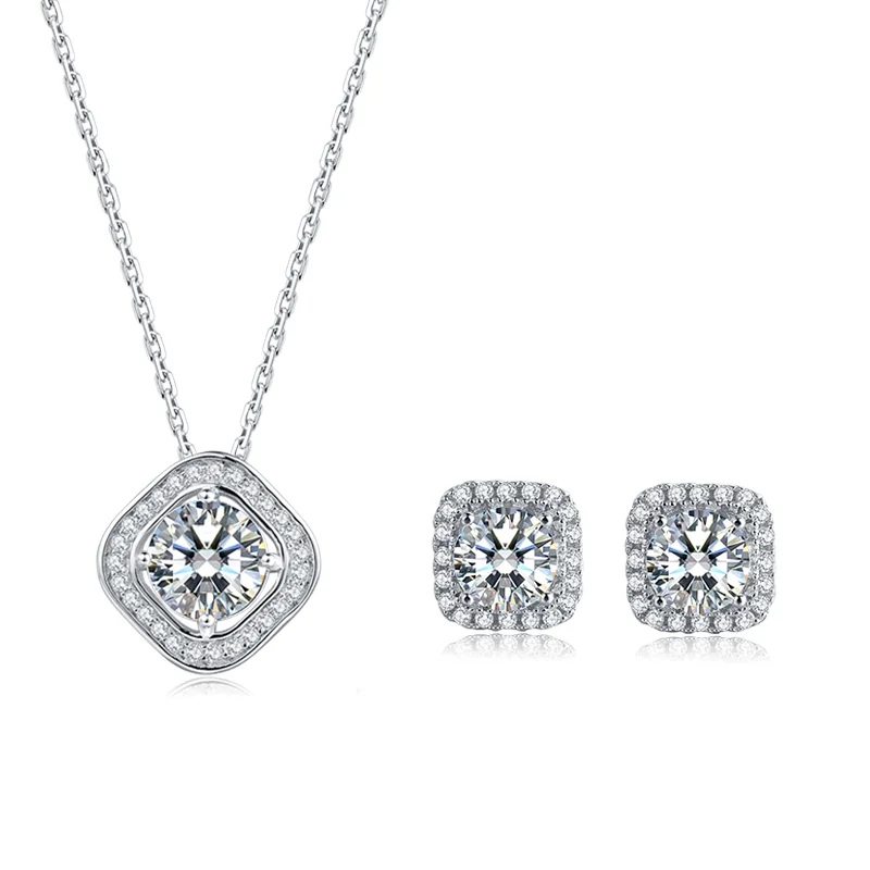 

18k White Gold Plated 925 Sterling Silver 1ct 6.5mm Moissanite Necklace 0.5ct 5mm Moissanite Earrings women Jewelry Sets