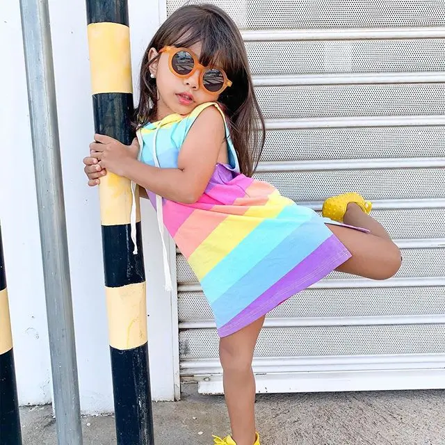 

Clothes Colorful Stripe Outfit Hooded Dress New Summer Fashion Lovely Vest Hooded Frock Children Rainbow Stripe Girl Dress, Picture shows