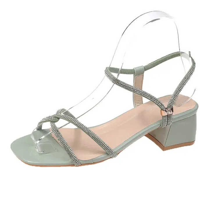 

Fashion Street Ladies New Sandals Solid Color Open Toe Rhinestone Ankle Strap Square Heel Women Summer Sandals
