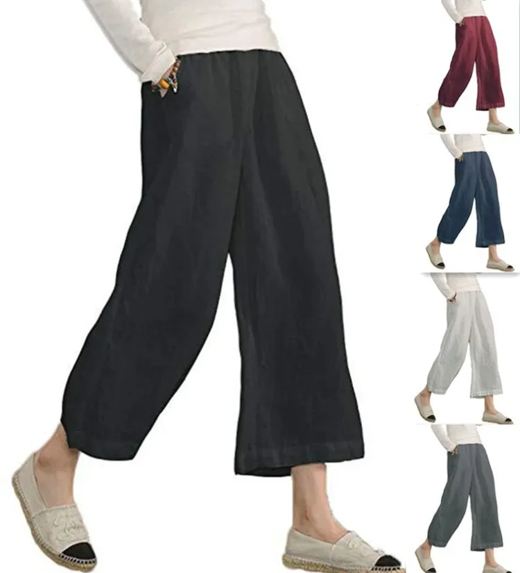 

Ecupper Womens Casual Loose Elastic Waist Cotton Trouser Cropped Wide Leg Pants