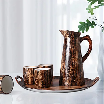 

Creative Household One Pot Four Cup Set Nordic Wood Grain Ceramic Kettle Cup, As the picture show