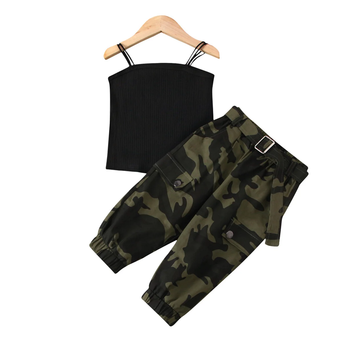 

Europe And America Style Girl Strip Suspenders Top +camouflage Trousers 2pcs Set