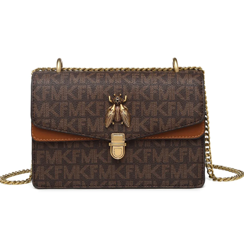 

MK F Brand Luxury PVC Ins Chain Print Small Bee Messenger Bag for Girls Customized Ladies Handbags Shoulder Bags, Coffee brown