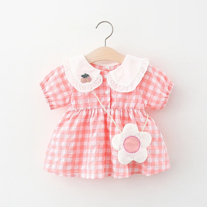 

New Summer 2021 Girls Pink Short Sleeved Dress Small Flower Bag Kids Girls Cherry Plaid Dress
