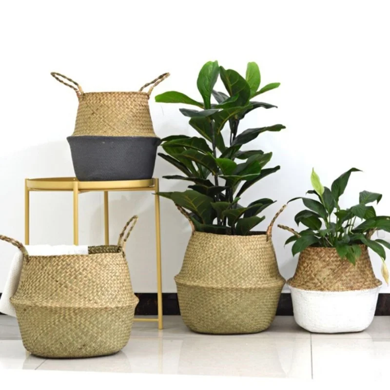 

Seagrass Wickerwork Basket Rattan Foldable Hanging Flower Pot Planter Woven Dirty Laundry Basket Storage