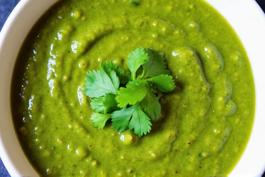 Coriander chutney served with dosa, idli, and sambar on banana leaf