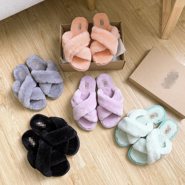 

Real Wool Fur Slippers Warm Slides Sheepskin Sliders Fur Slippers for Women Kids