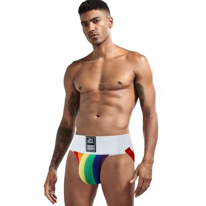 

Custom cotton materials Pride Rainbow Stripes Jock g string thong sexy men gay jockstrap underwear