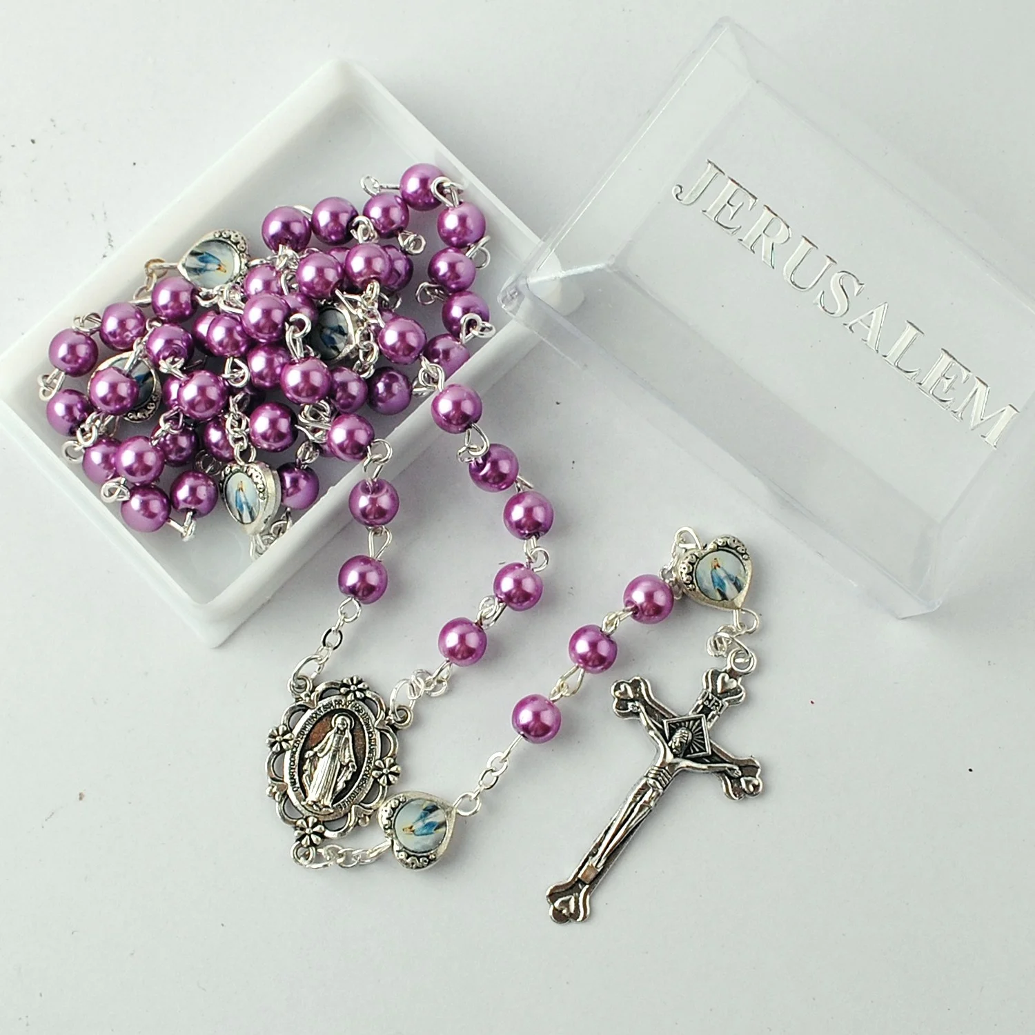 

6mm Purple Pearl Beads with Heart Miraculous Metal Beads Catholic rosary with Plastic Rectangle Box with Jerusalem Printed