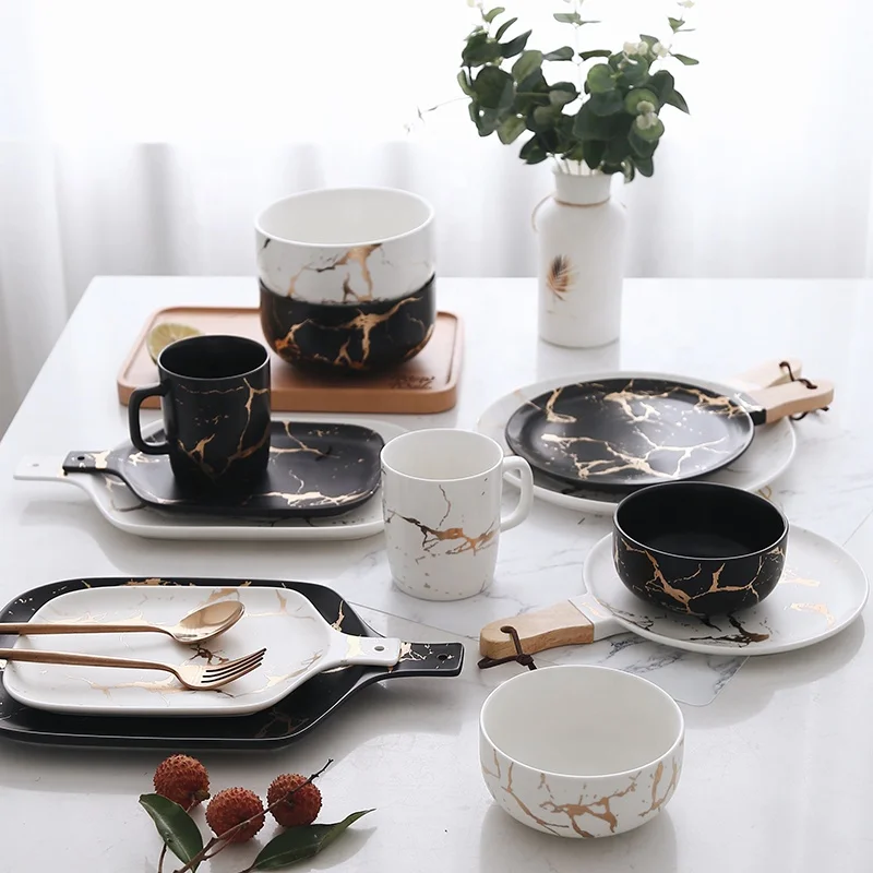 

Gold Marble Ceramic Tableware Sets Porcelain Plates Sets Dinnerware Ceramic Dinner Ceramic Dinner Plates Bowl Set, As pictures