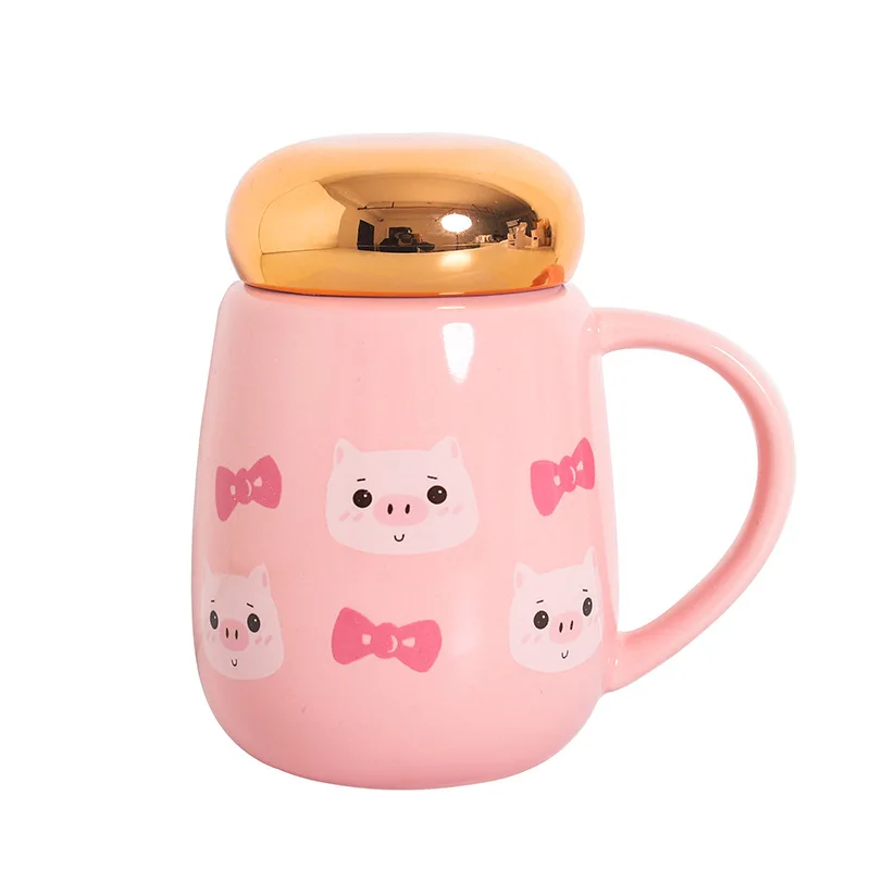 

Seaygift daily use drinkware custom printed animal cartoon cute pink pig mark cups mirror cover ceramic mik mug coffee tea mugs, Black/pink/blue