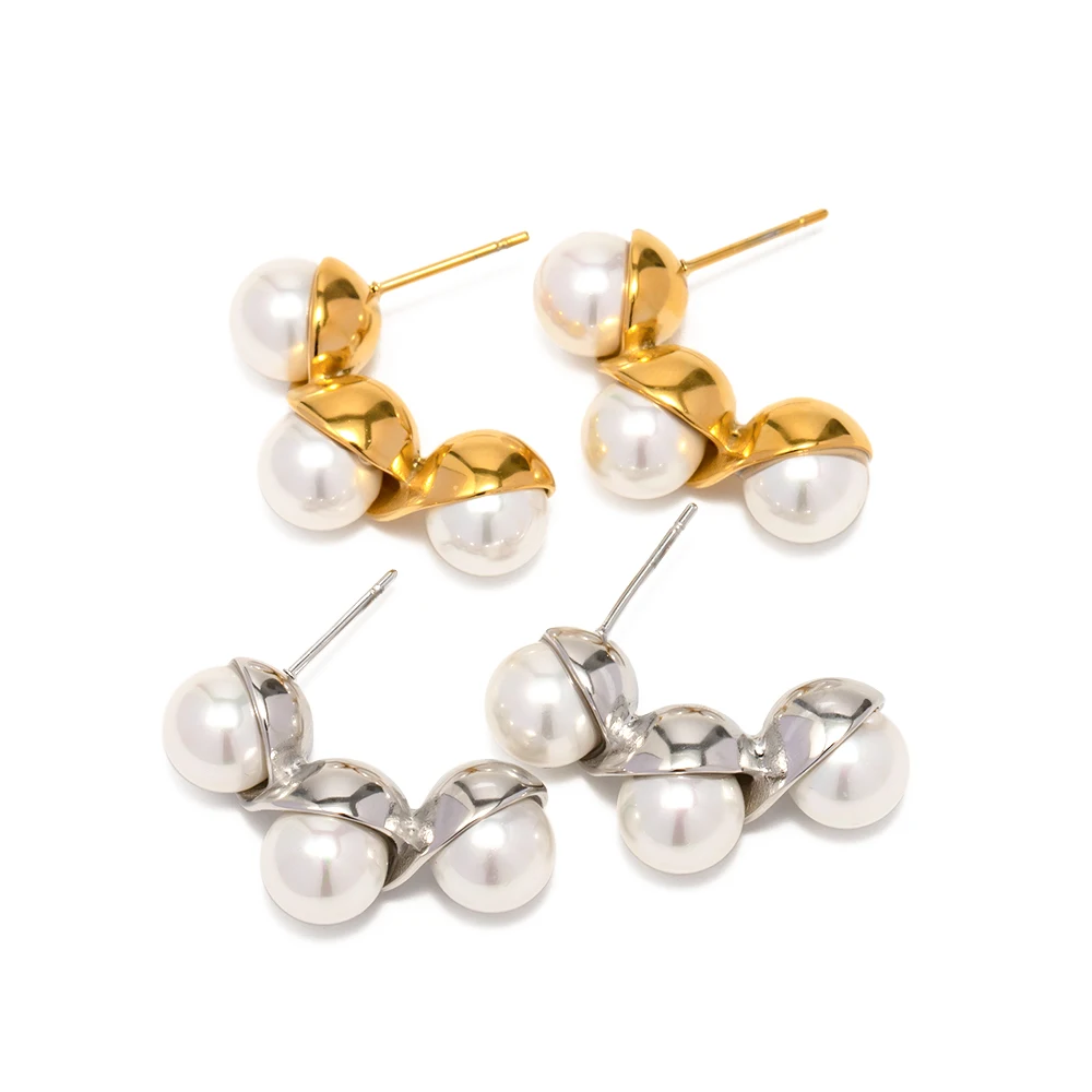 

Waterproof Gold Plated And Silver Plated Lava Shape Hoop Earring Three Pearls Surrounded Earrings For Women