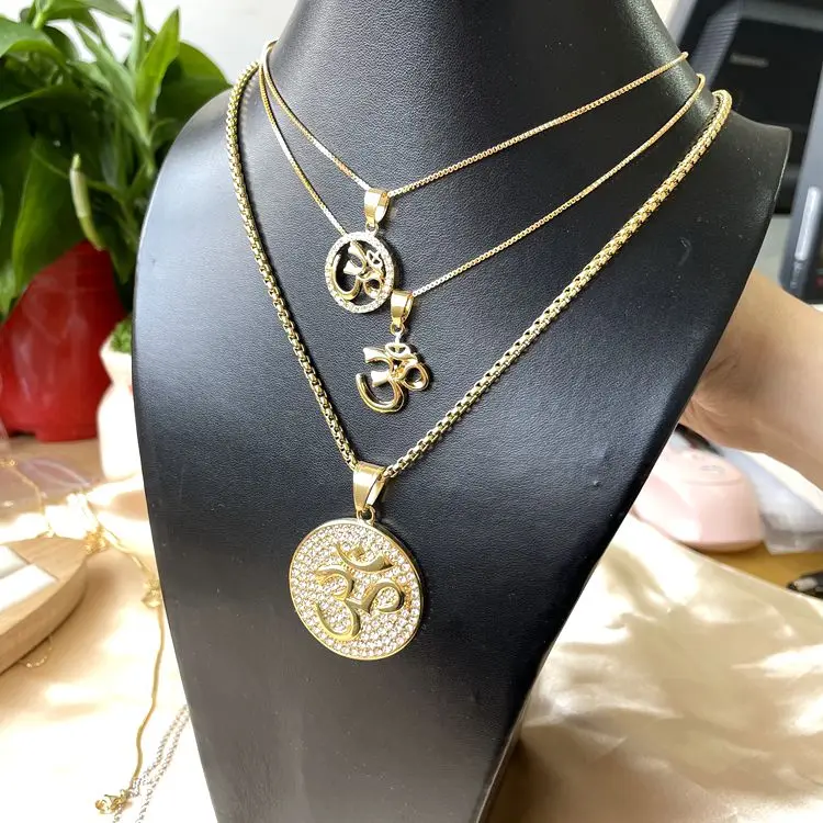 

Exotic HipHop Jewelry Titanium Steel Gold plated with diamond Inset Ancient Indian Yoga OMOM symbol pendant necklace