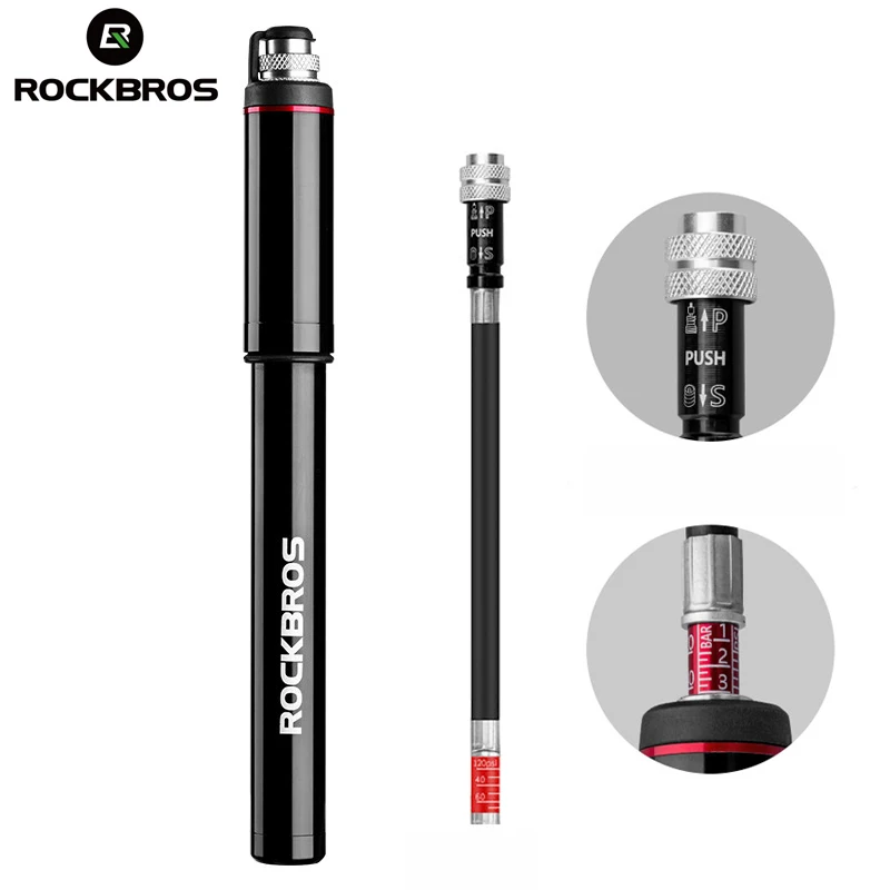 

ROCKBROS For Bike Cycling Tire Inflator MTB Aluminum Alloy Bicycle Pump With Pressure Gauge Portable High Pressure Mini Air Pump, Black