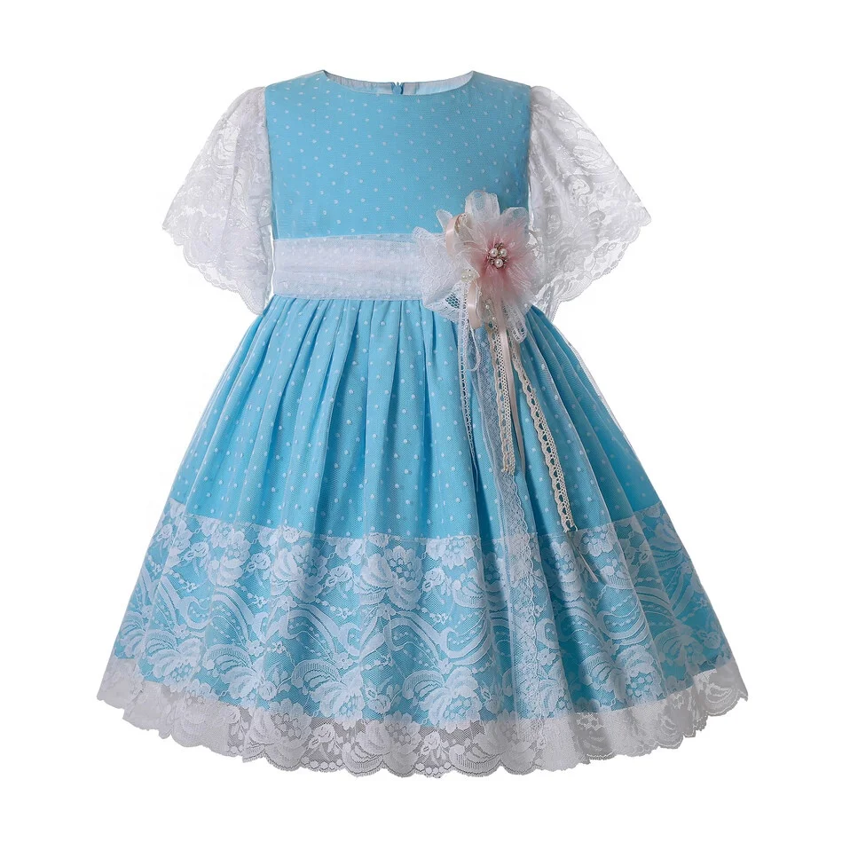 

Pettigirl New Spring 2-12 Years Little Girl Outfits Flower Lace Cute Blue Casual Dress for Girls