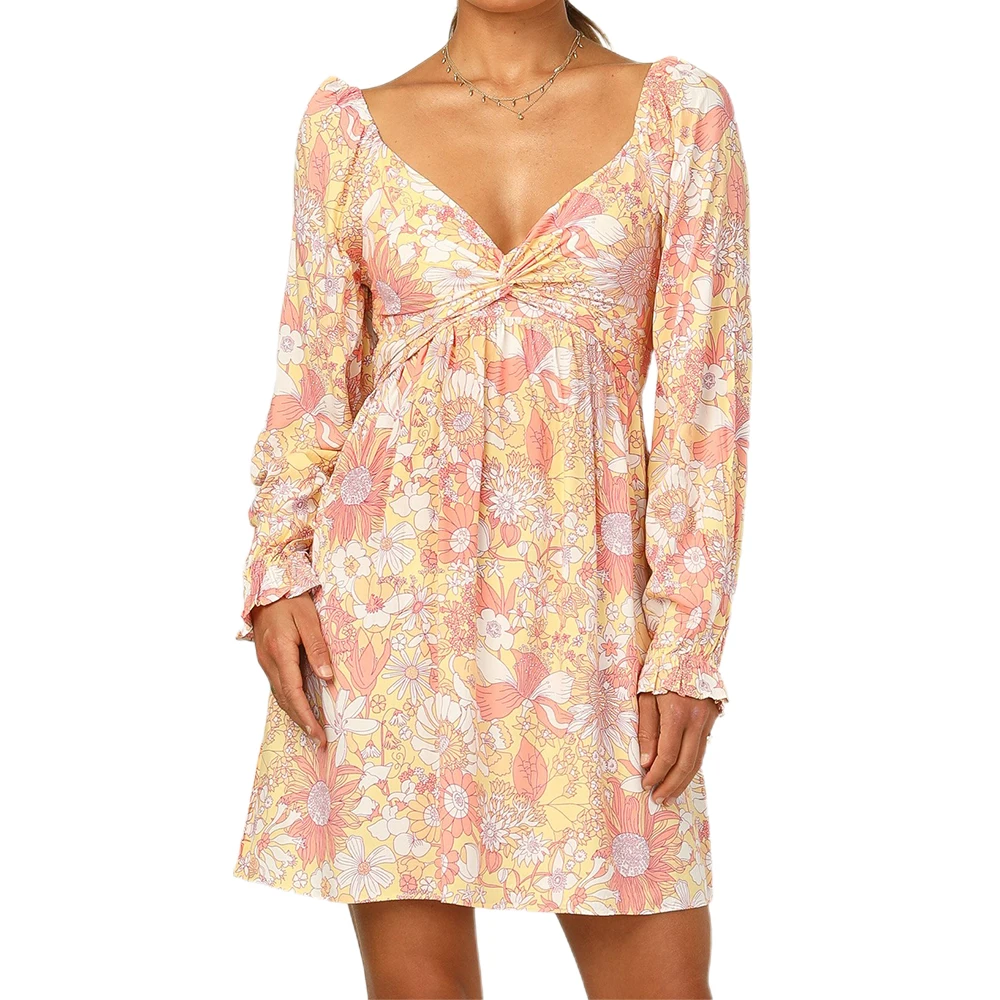 

dresses women floral A-Line Long Sleeve casual korean girls V-neck mini floral dress for women