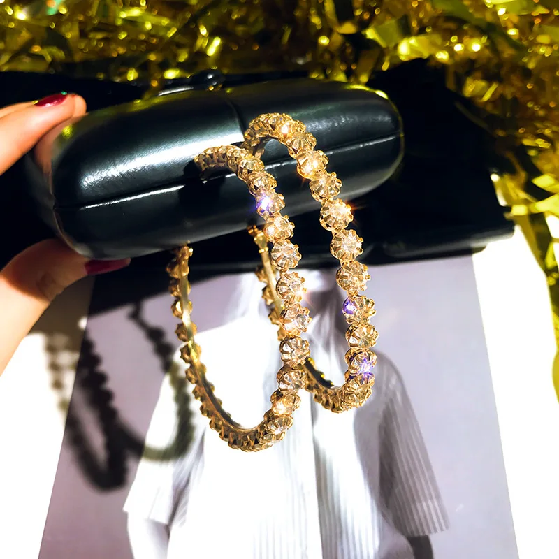 

2021 fashion trendy crystal chunky gold hoop earrings 14k gold