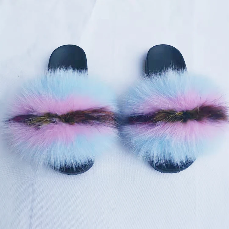 

Factory Direct Wholesale white fox fur slippers for women fur slide sandal real raccoon fur collar