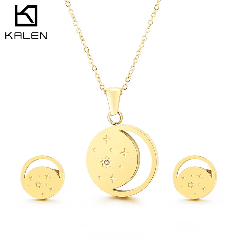 

Personalized Stainless Steel Disc Pendant Necklace And Earring Moon And Star Pendant Necklace Set For Women