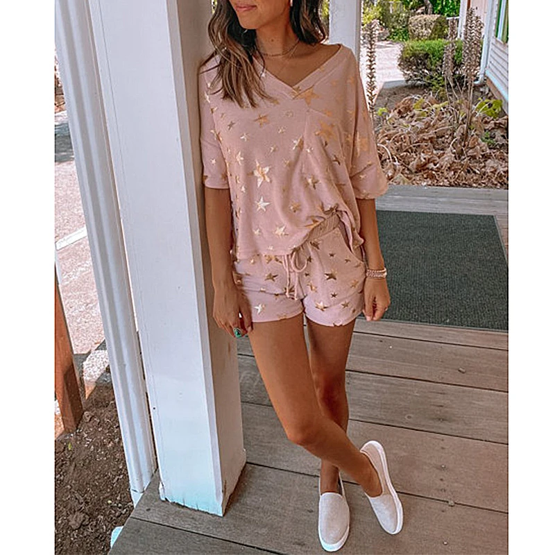

Women Star Print Two-Piece Shorts Set Loose and Breathable Cotton Pajamas