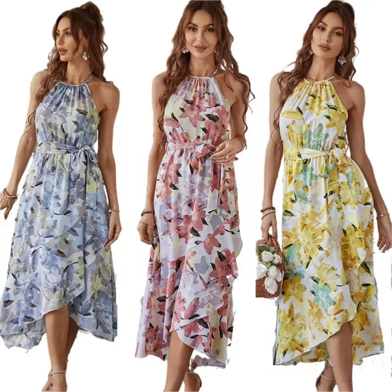 

Spring 2021 Designer Vocation Floral Maxi Dress Boheme Ankle-Length Dress Halter Beach Bohemian Dresses