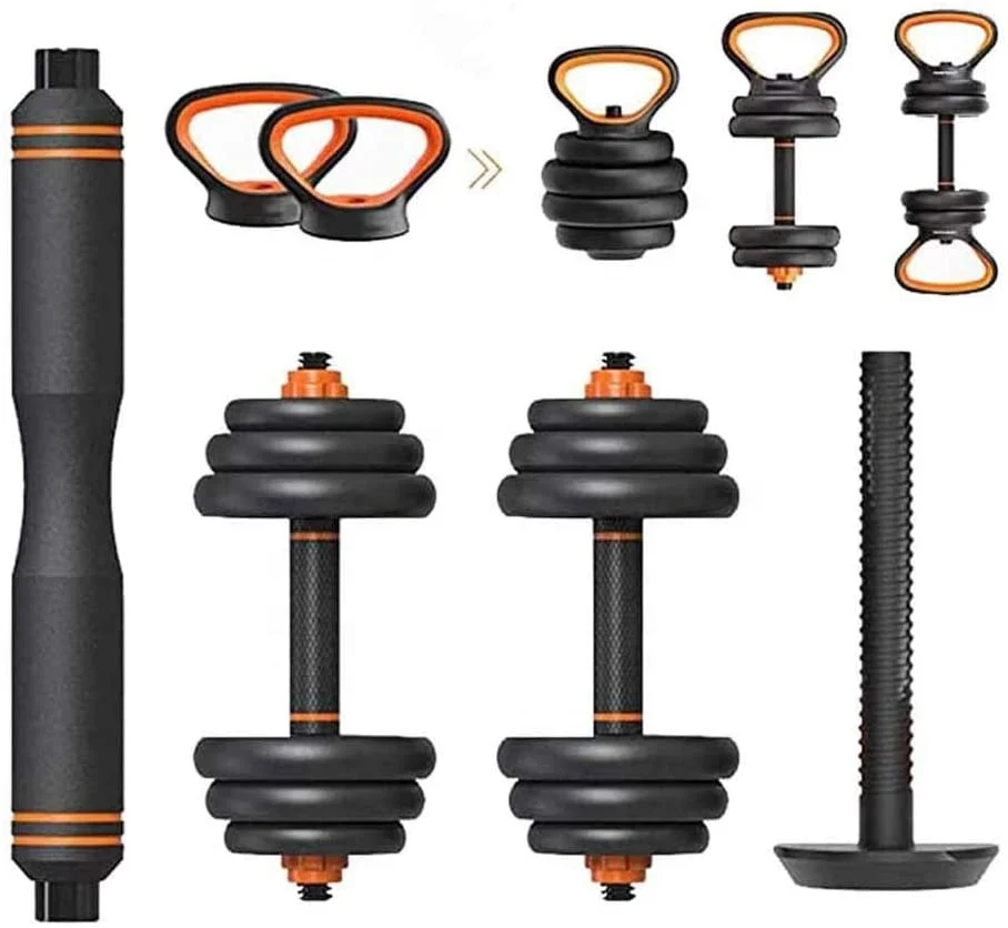 

Cheap Price Multi-function 15KGS Barbell Dumbbell Set with Sand Cement Conversion Adjustable Kettle bell, Orange&black