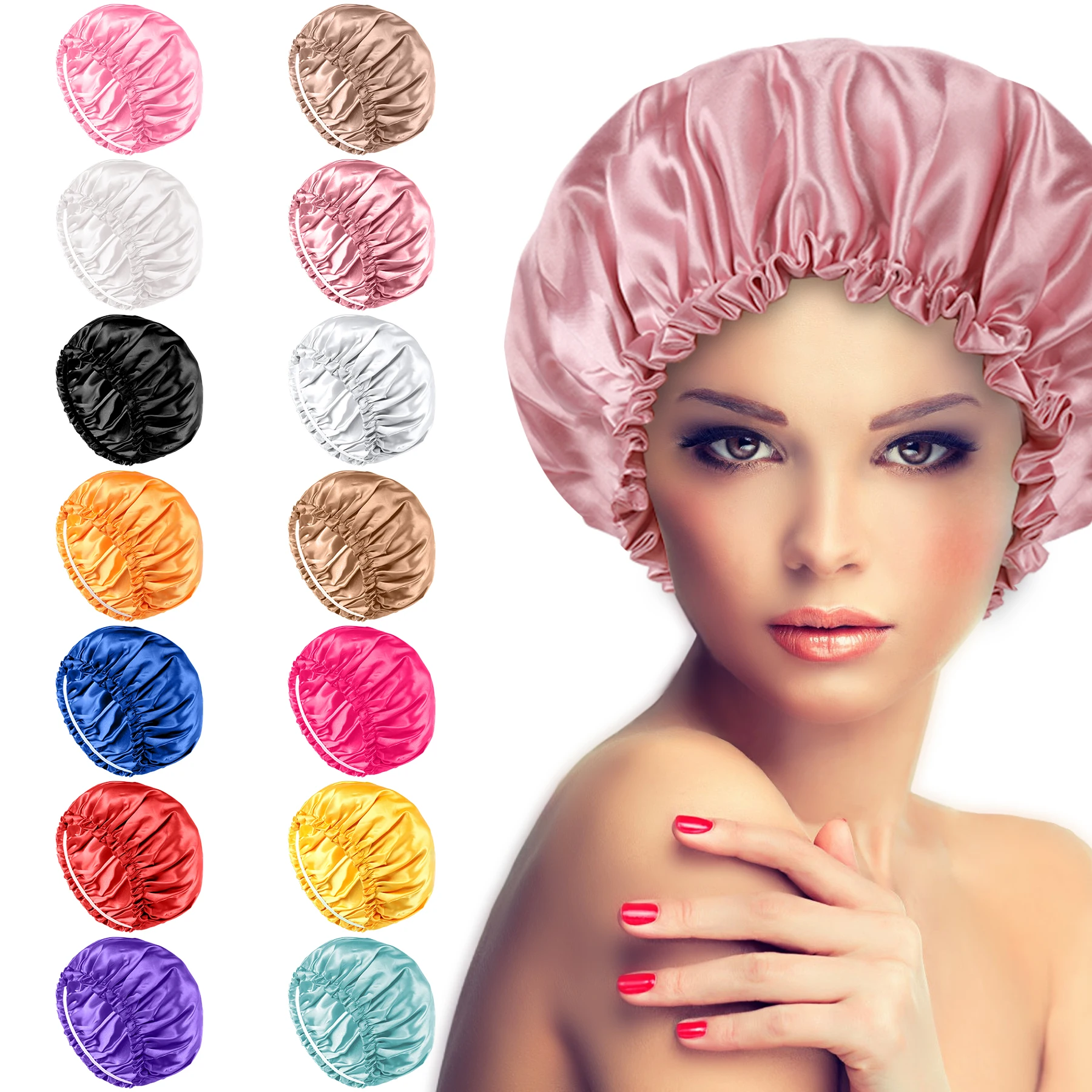 

Custom Logo Solid Color Women Satin Bonnet Wig Hairs Extension Virgin Hair Double Layer Wrap Elastic Sleeping Protect Bonnets, As show