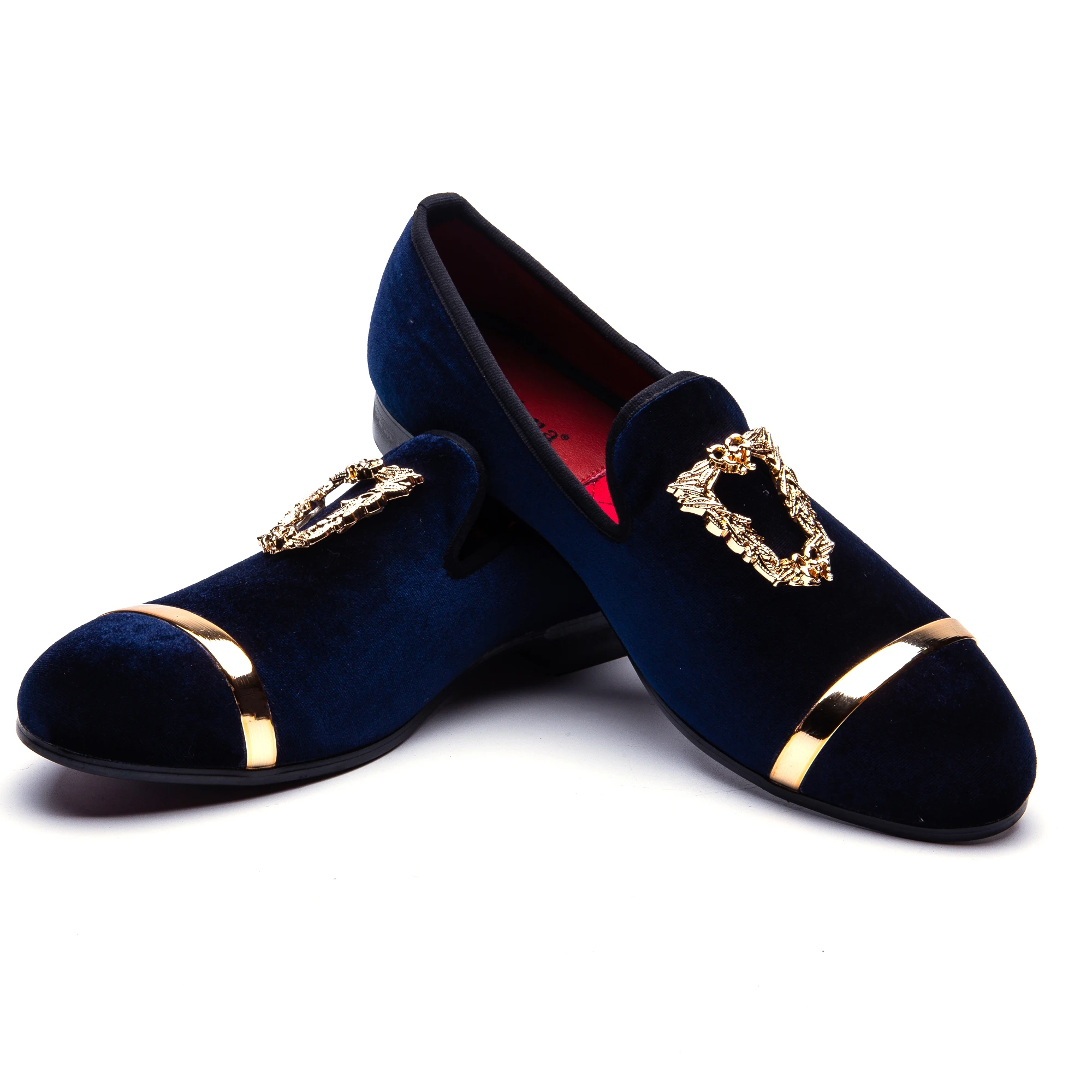 

Men's Blue Velvet Loafers Slip-on Dress Shoes with Gold Buckle Slippers Flats