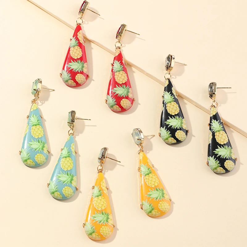 

Fashion Court Style Resin Printed Earrings Small Fresh Fruit Earrings Drip Shaped Pineapple Earrings For Women