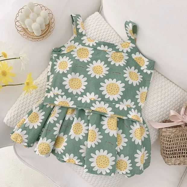 

summer korean dress printed sling top plus short skirt two-piece suit girl kids clothes set