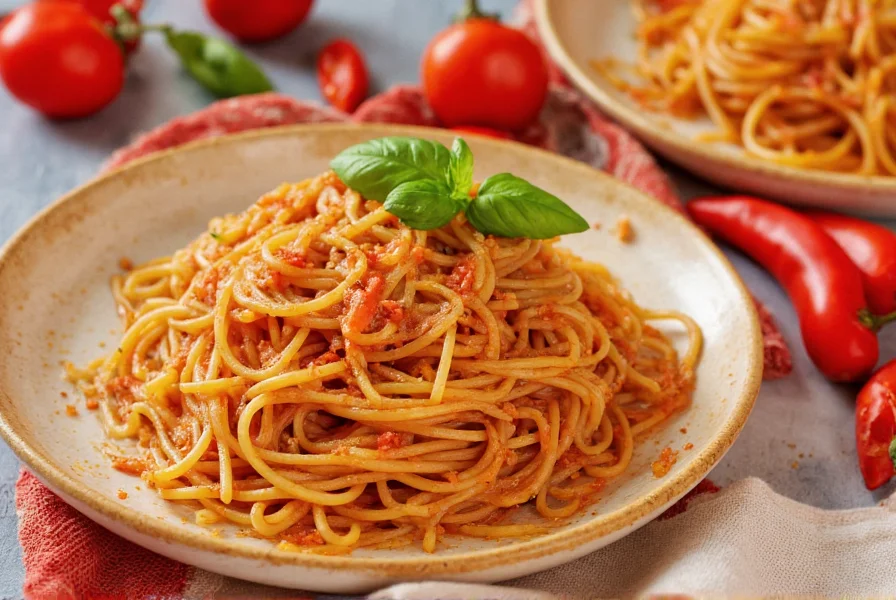 Homemade spicy spaghetti with chili peppers and fresh basil