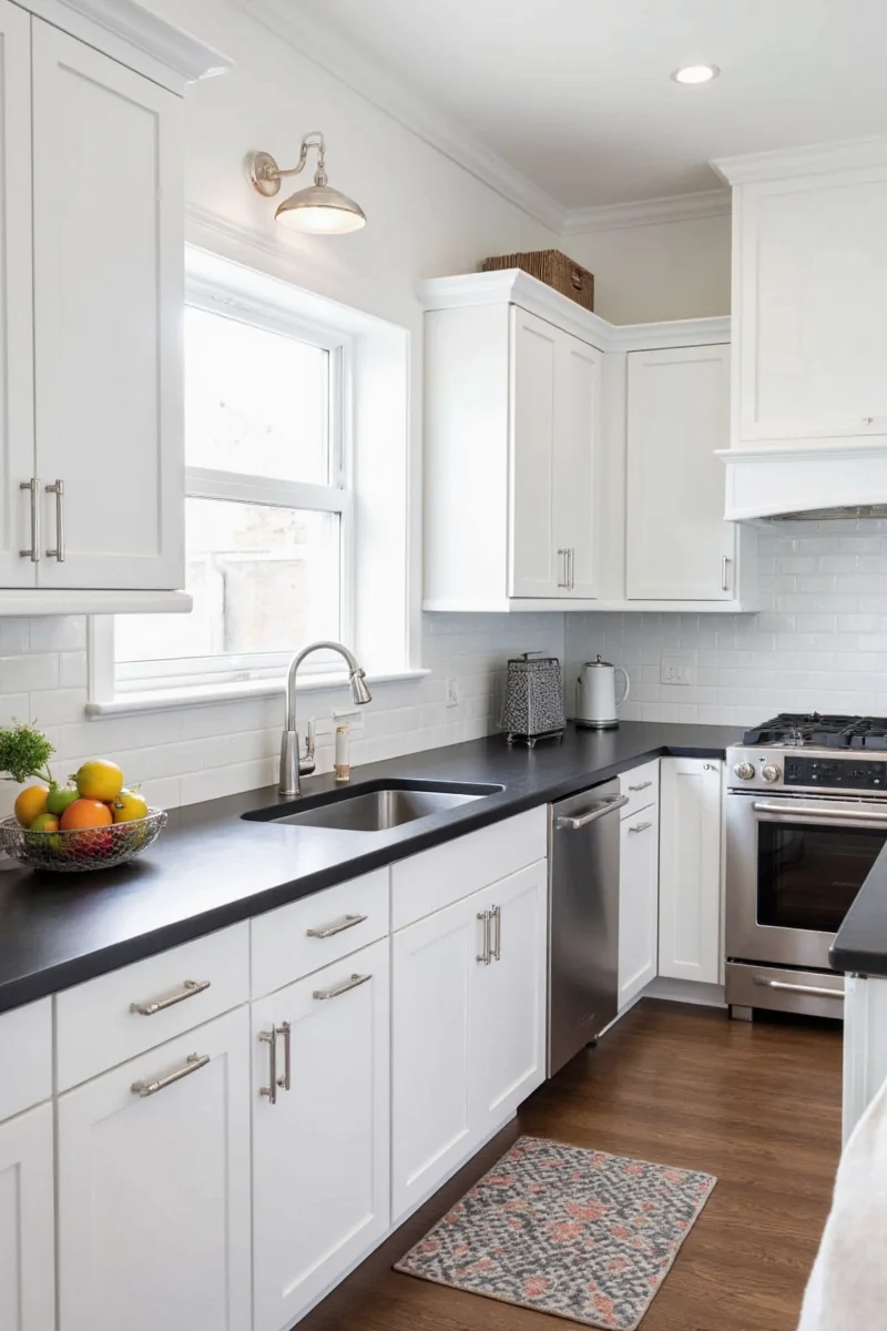 Balanced white and dark kitchen design