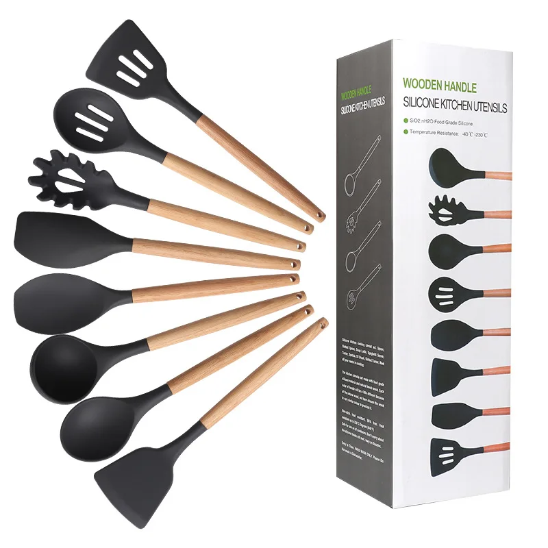 

Kitchen Accessories Kitchenware Cooking Utensil Set Silicone Kitchen Utensil Set With Wooden Handle, Black