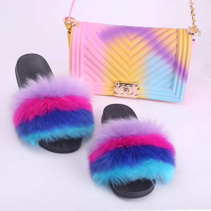 

Party daily wear fur flat fancy fluffy furry flip flops summer sandals jelly handbag slides with purse ladies bag and shoes set, Customizable