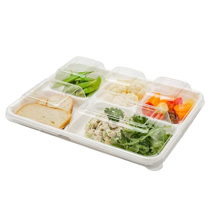 

100 Biodegradable Eco-Friendly Leak Proof 5 Compartment Food Container Bagasse Lunch Trays with Lids, Picture