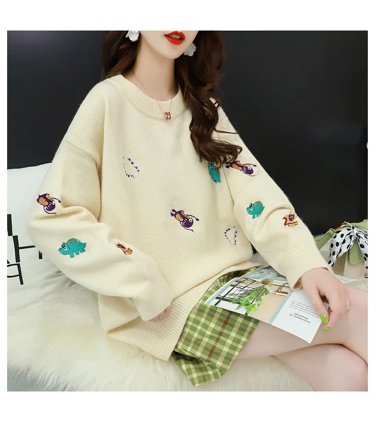 

Wholesale new chic style crew neck bee cartoons embroidery drop shoulder women sweater, Selection