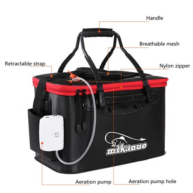 

35L Wear Resistant Portable Large Capacity Eva Water Container Multifunctional Fishing Folding Bucket With Aeration Pump, Black orange