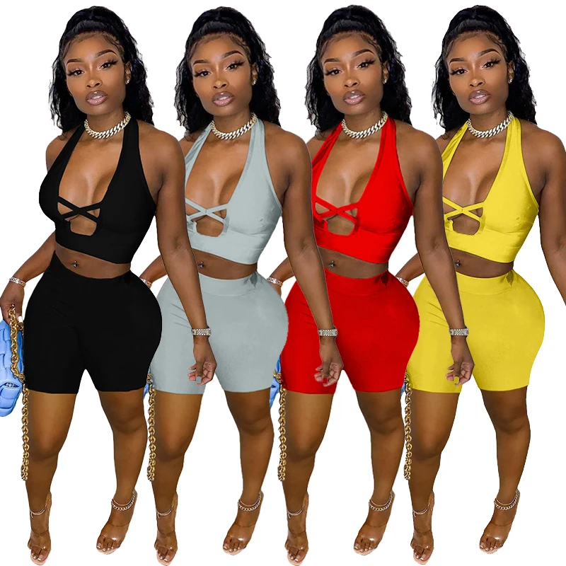 

QM7026 Summer outfits solid color sexy cross hollow out womens 2 piece shorts set