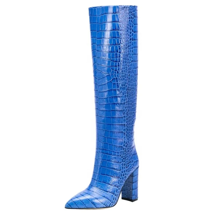 

Big Size 45 Women's OverKnee High Boots Multi-colors Chunky Heels Boots Ladies snake Skin Pointed toe Long Thigh High Boots, Black blue yellow green red purple